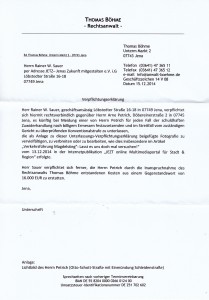 JEZT - Verpflichtungserklärung von Herrn RA Boehme an Rainer Sauer vom Dezember 2014 - Abbildung © MediaPool Jena