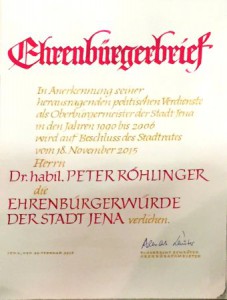 JEZT - Ehrenbürgerbrief der Stadt Jena für Dr. habil. Peter Röhlinger - Foto © MediaPool Jena