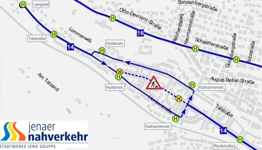 JEZT - Informationen für Verkehrsteilnehmer und Fahrgäste des Jenaer Nahverkehrs zur Sperrung der Lutherstraße. - Abbildung © Stadtwerke Jena Energie