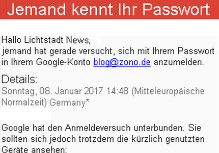 JEZT - Google Mitteilung zu Lichtstadt.News