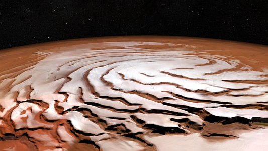 Perspective view of Mars north polar ice cap © ESA DLR FU Berlin with NASA MGS MOLA Science Team