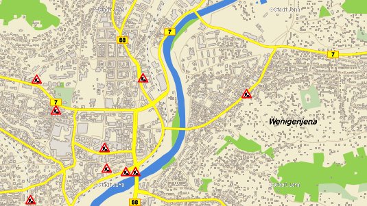 Symbolische Übersicht der Straßenbaumaßnahmen in Jena. - Bildquelle Kartenwerk der Stadt Jena