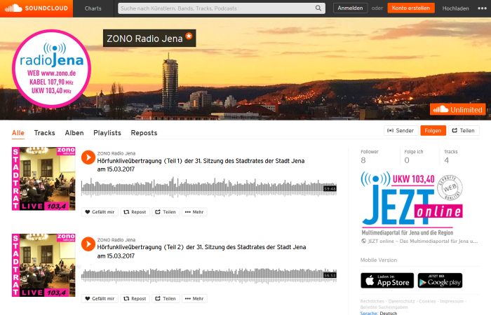 Der neue Kanal von ZONO Radio Jena bei Soundcloud. Abbildung © MediaPool Jena.jpg
