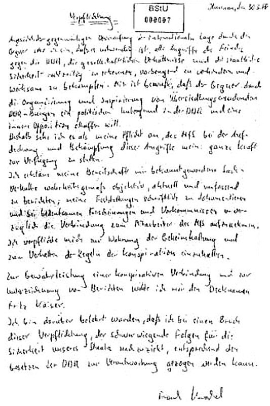Stasi-Verpflichtungserklärung von MdL Frank Kuschel alias Fritz Kaiser aus dem Jahre 1988